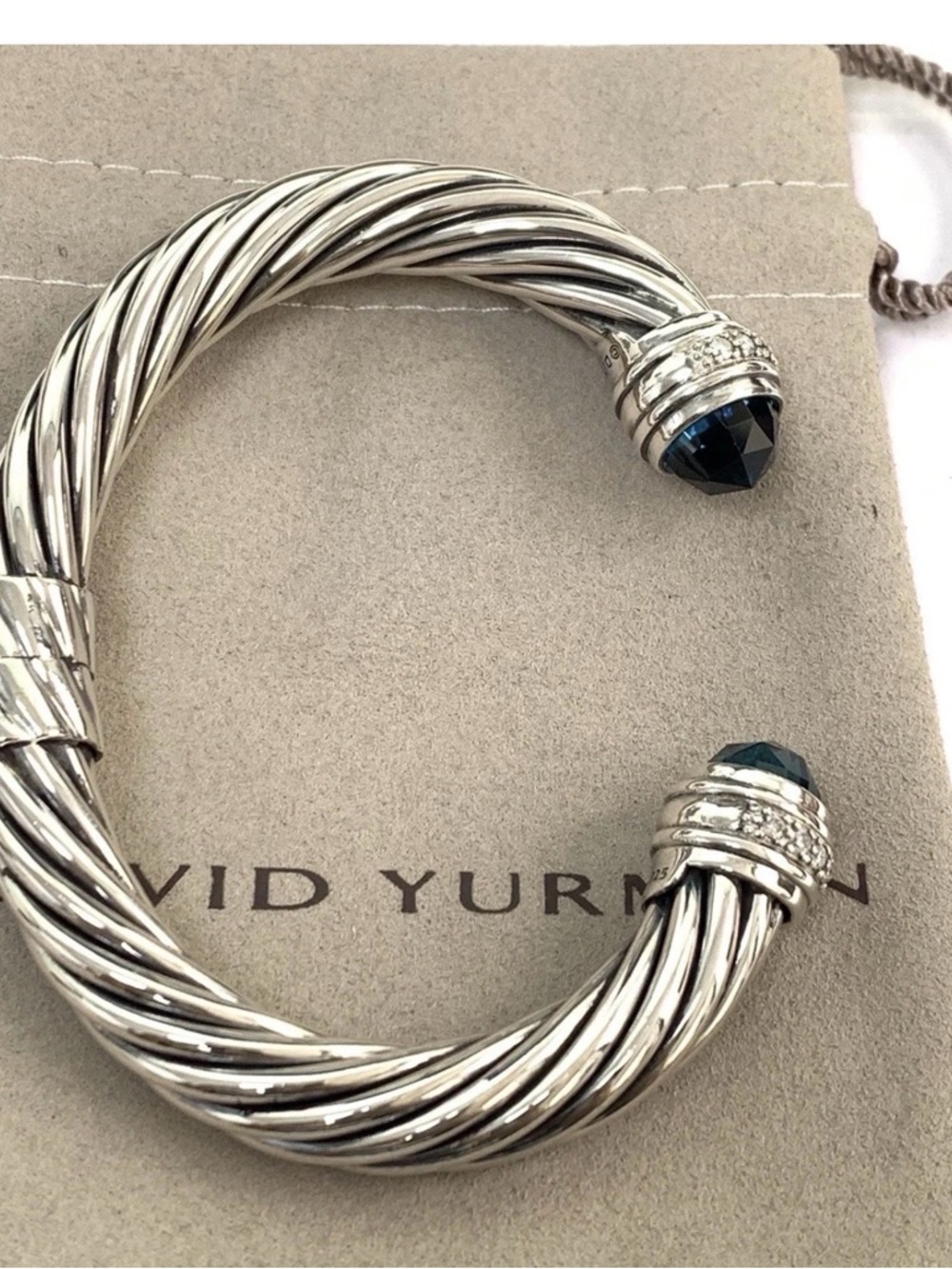 David Yurman signed Sterling Cable Cuff Bracelet with Blue Gemstone & Diamonds
